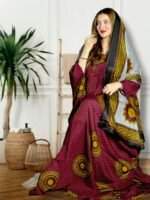 ثوب بلون المارون مصنوع من القطن بتصميم جميل مطبوع مع شيلة متناسقة مخيطة على الطراز الظفاري