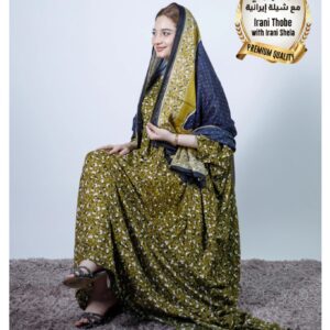 ثوب إيراني باللون الأخضر مصنوع من القطن مع تصميم زهرة صغيرة جميلة مطبوعة مع شيلة متناسقة مخيطة على الطراز الظفاري