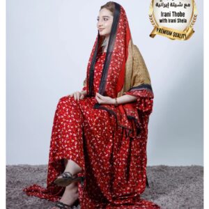 ثوب إيراني أحمر مصنوع من القطن مع تصميم زهرة صغيرة بيضاء جميلة مطبوعة مع شيلة متناسقة مخيطة على الطراز الظفاري