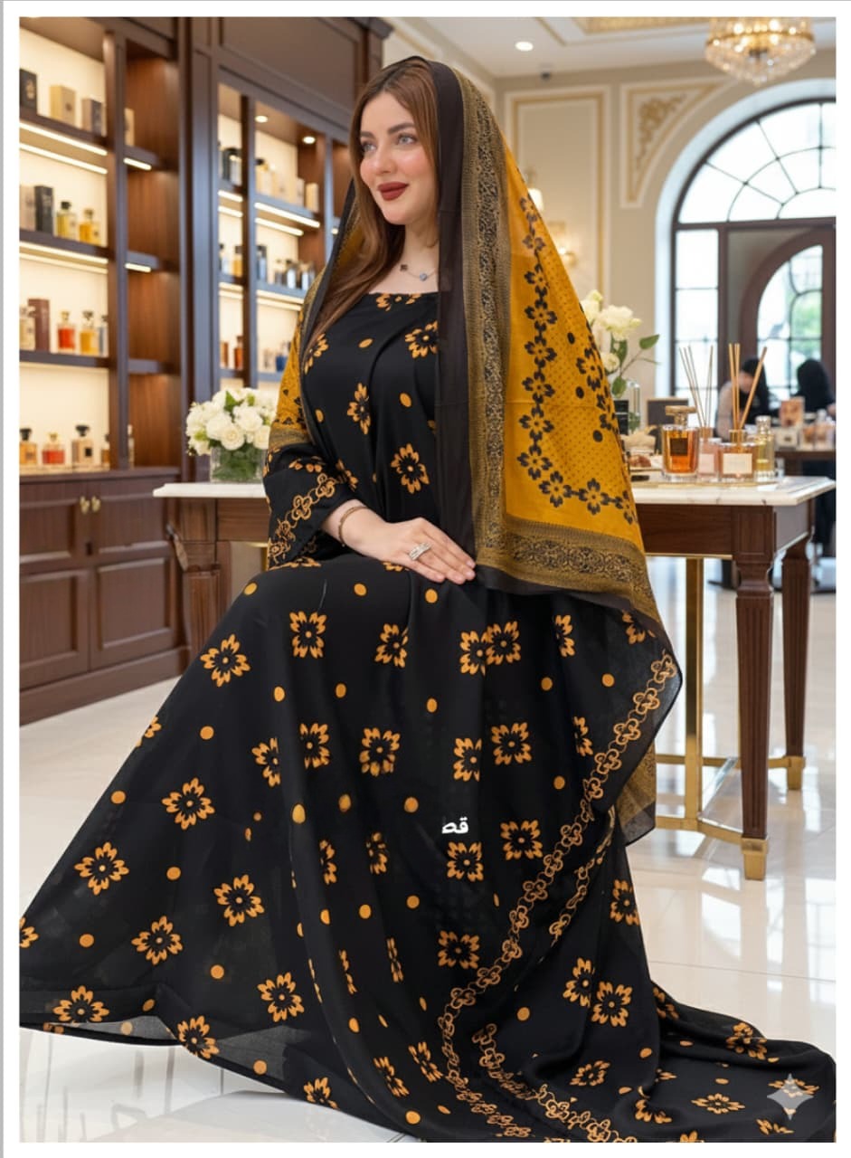 ثوب أسود اللون مصنوع من القطن بتصميم جميل مطبوع عليه شيلة متناسقة مخيطة على الطراز الظفاري ومتوفر أيضًا بدون خياطة