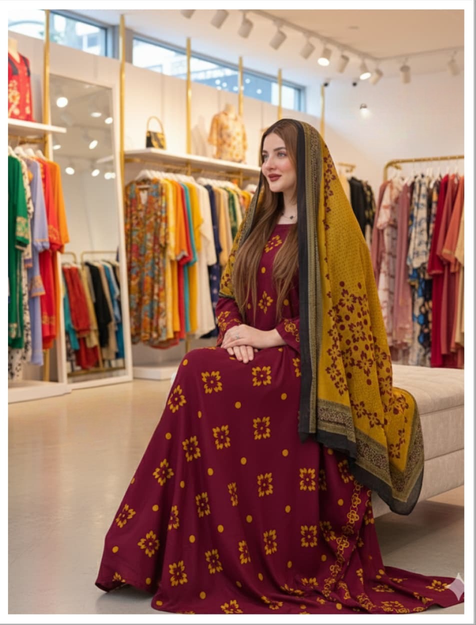 ثوب مهرون مصنوع من القطن بتصميم جميل مطبوع مع شيلة متناسقة مخيطة على الطراز الظفاري ومتوفر أيضًا بدون خياطة