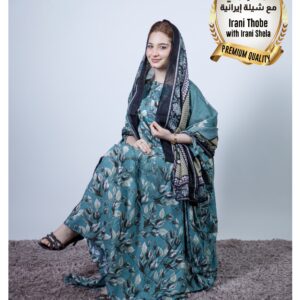 ثوب إيراني بلون أخضر بحري مصنوع من القطن بتصميم زهور جميلة مطبوع عليه شيلة متناسقة مخيطة على الطراز الظفاري