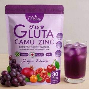 Manee Gluta Camu Zinc Supplement | Grape Flavor Antioxidant & Skin Support | 30 Sachets