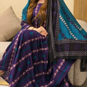 ثوب أزرق اللون مصنوع من القطن بتصميم جميل مطبوع، مزود بشيلة مطابقة مخيط على الطراز الظفاري